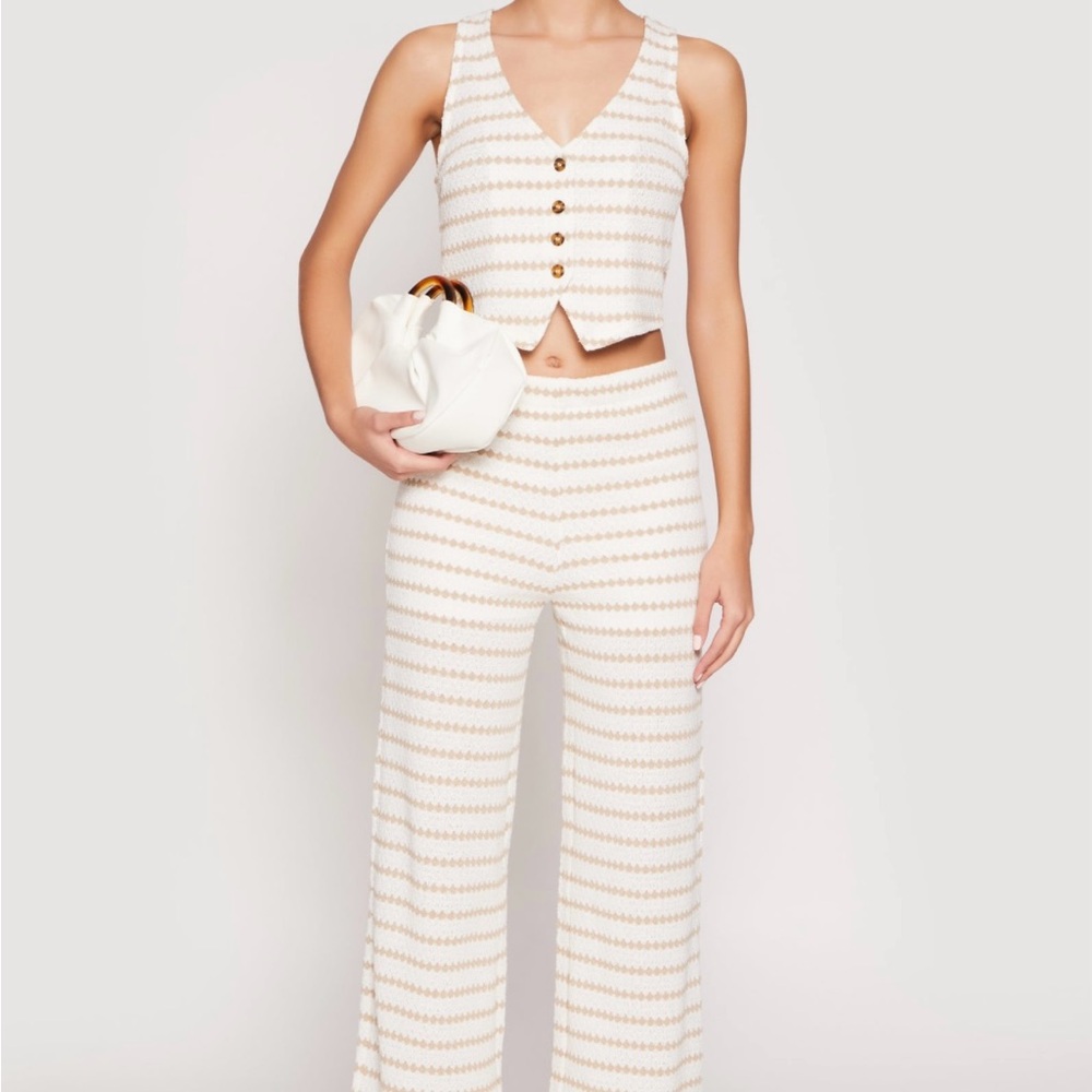 Women's Cream and Tan Striped Pantsuits…